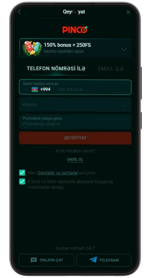 Saytda qeydiyyatdan keçin və Pinco oynayın